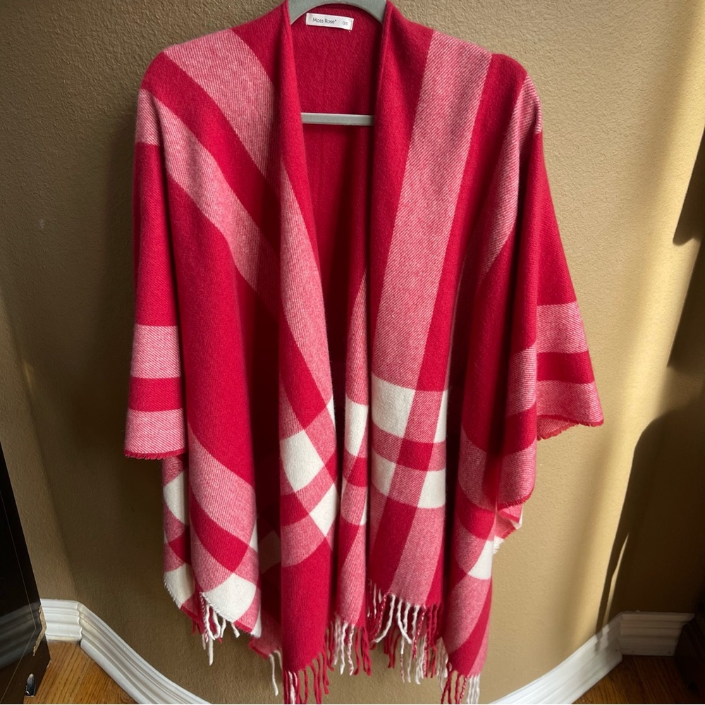 Moss Rose Travel Shawl Wrap Red Plaid Fringe Open Front Cape Poncho - Picture 2 of 4